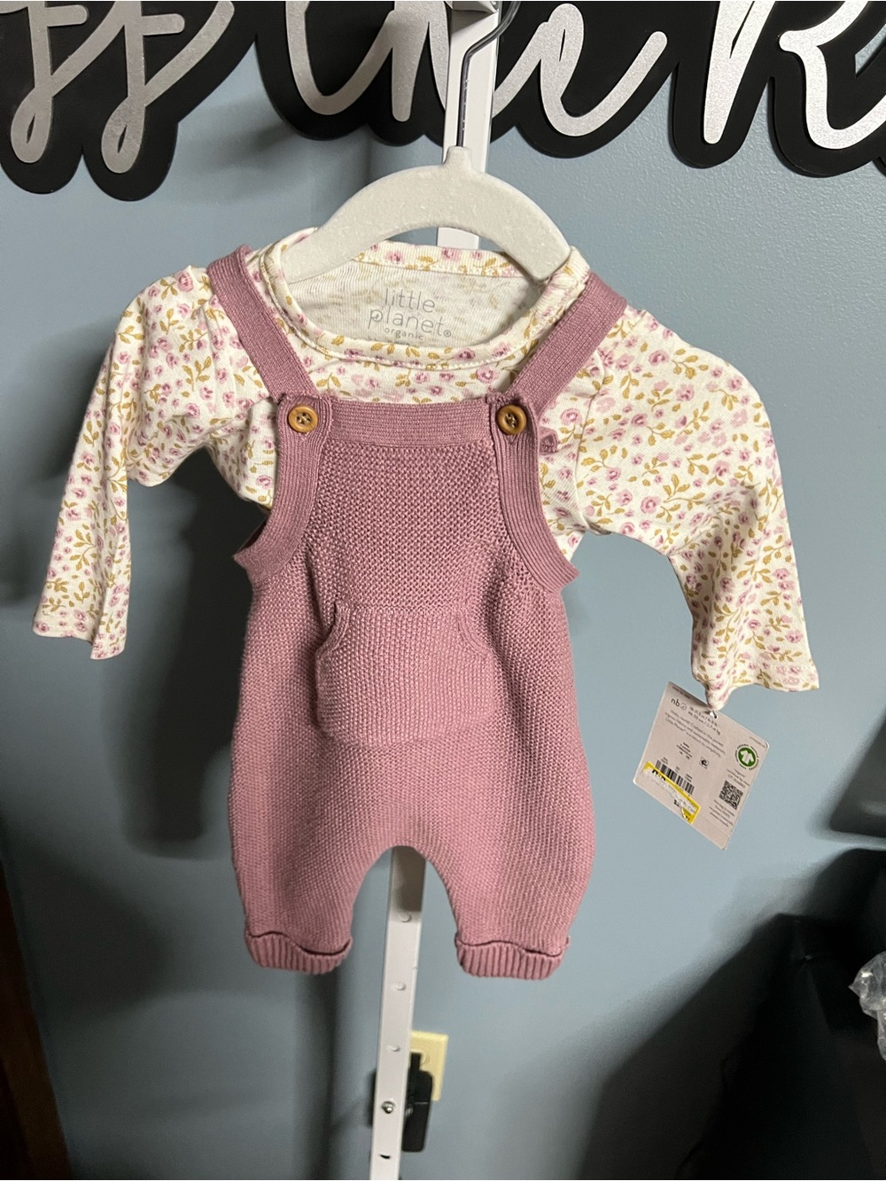 Little Planet Girls' Purple Knit Overall Bottoms and Floral Long Sleeve Shirt